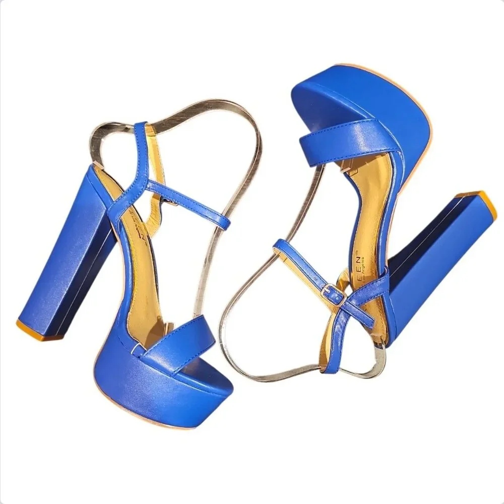 Blue Platform High Heel Ankle Strap Sandals